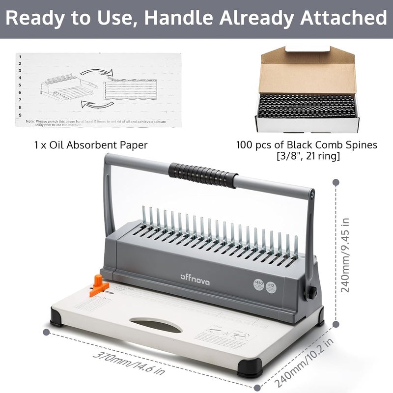 OFFNOVA Binding Machine, 21-Hole 450 Sheets Paper Comb Binding Machine for Letter Size / A4 / A5 Paper, Easy to Punch Handle, Adjustable Margin, Book Binder with 100 PCS 3/8'' Comb Binding Spines - Image 2
